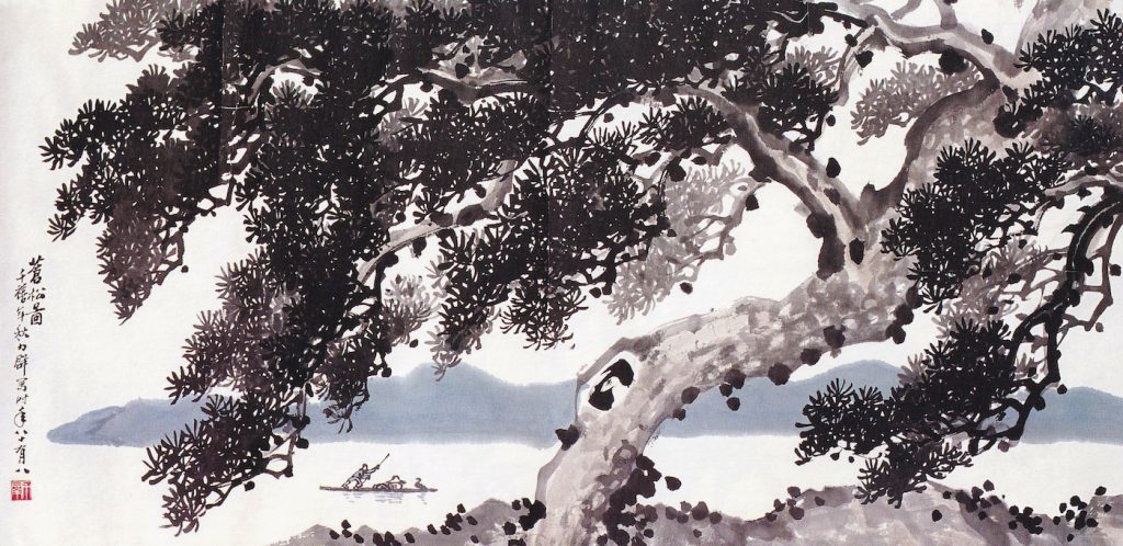 A traditional Chinese water painting of a pine tree in front of a lake.