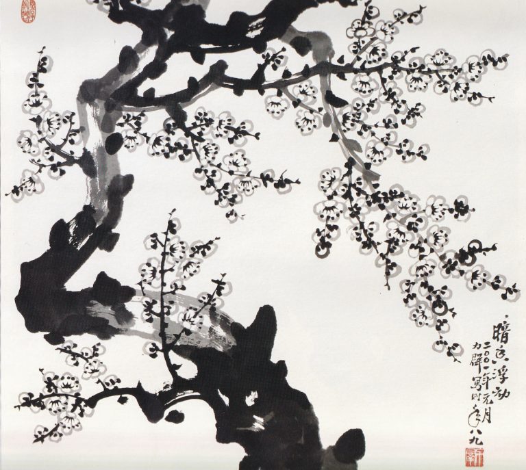 A traditional Chinese water painting with of a tree with white flowers.