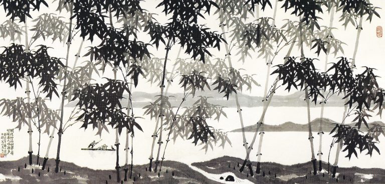 A traditional Chinese water painting with bamboo Grove in front a lake with a fishing man on a small boat.