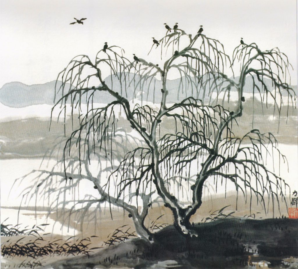 A traditional Chinese water painting of a tree during winter with no leaves and some birds on the tree with one about to land.